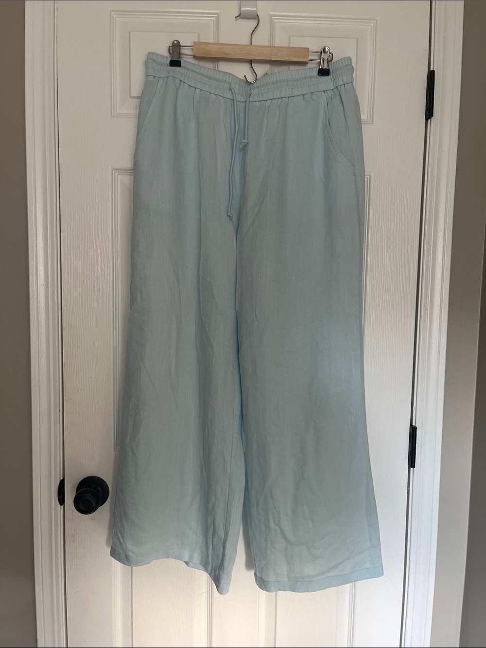 High Waisted Drawstring Pocket Wide Leg Baggy Casual Linen-Feel Pants